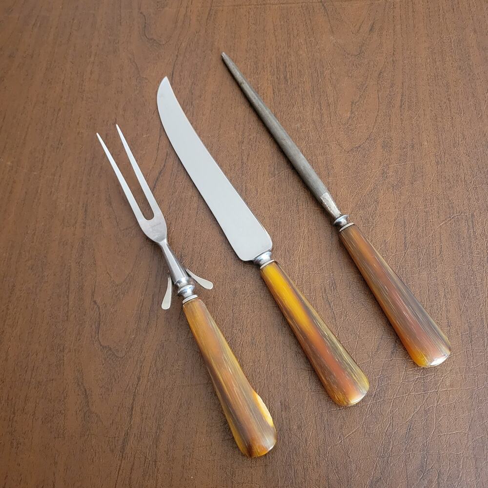 Vintage 40s Universal Resistain 3 Piece Carving Set Butterscotch Bakelite Handle